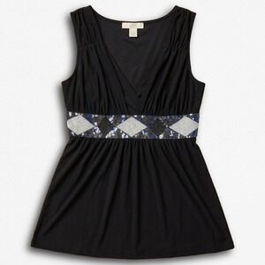 Y2K Black Sequin Empire Waist V-Neck Sleeveless Top Blouse Womens M